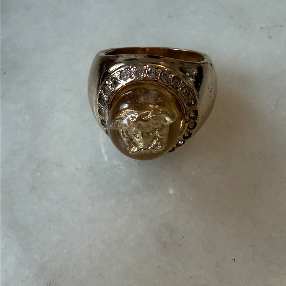 Authentic Versace Gold Medusa Ring with Crystal Accents size 7